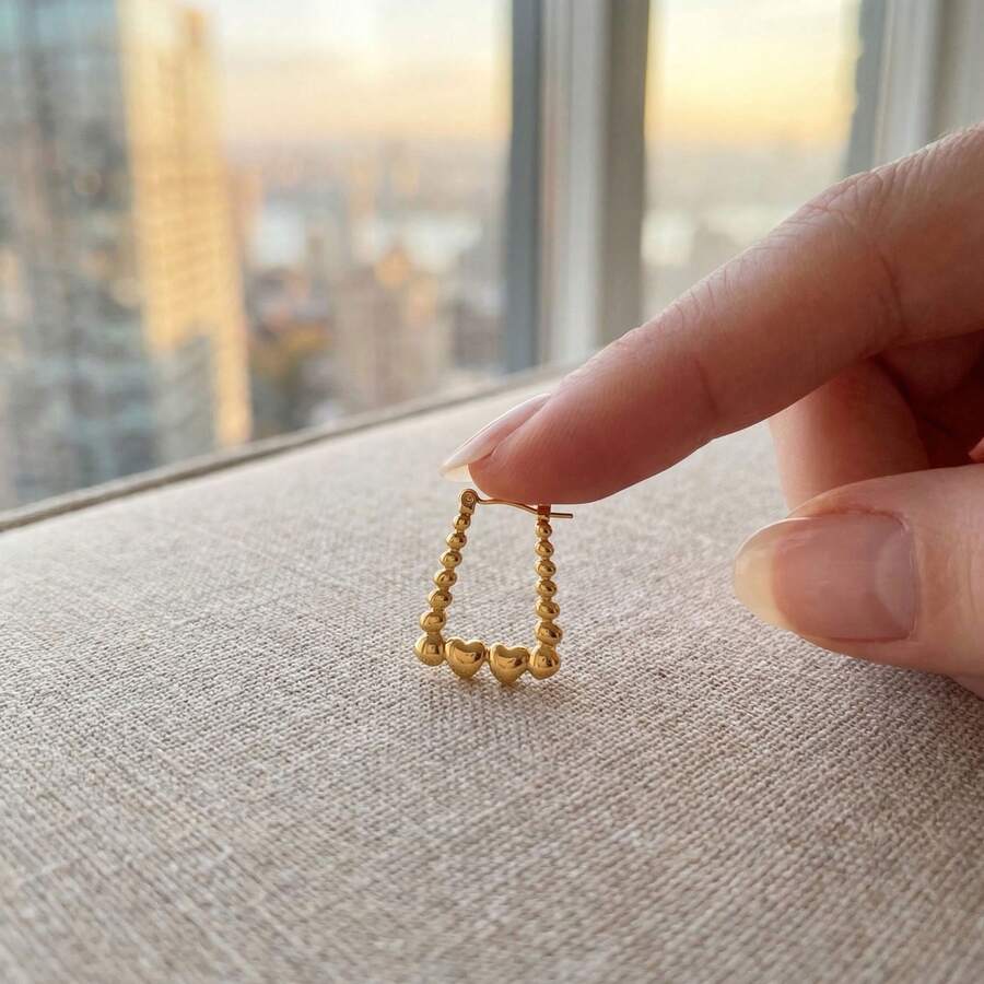Gold Heart Bead Earrings, Geometric Ball And Heart U-Shape Design, Fashionable And Elegant For Women's Daily Wear - Gold - View 1