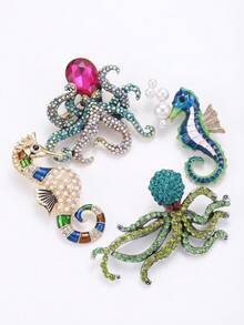 Broches de lujo con rinoestras de pulpo y perla de caballito de mar - Alfileres de vida marina para mujeres y unisex para fiestas casuales, accesorios de joyería, regalos para amigos, insignias y decoración - vida marina - Ver 6