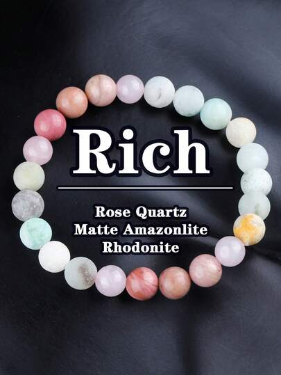 Frosted Amazonite Beaded Prosperity Bracelet Energy Crystal Jewelry For Anxiety, Rose Quartz & Rhodonite Natural Stone Bracelet Love,Soothing, Good Fortune Holiday Jewelry Gift Fashion Accessory