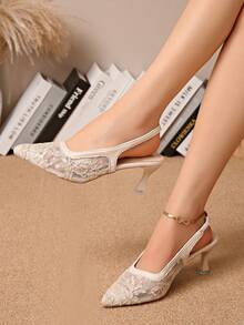 Nuovi muli con tacco alto in stile cinese bianco con fiocco in rete, sandali da donna con punta affusolata, ricamo in pizzo, slip-on, tacco sottile/spesso - Beige - Visualizzare 2