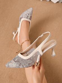 Nuevos zuecos de tacón alto con lazo blanco y malla, sandalias slip-on de punta fina para mujer con bordado de encaje, tacón fino/grueso, estilo chino - Gris - Ver 1