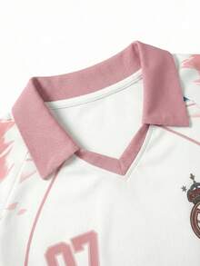 男士樱花印花Polo衫，日系数字图案粉色足球衫，夏季上衣 - 粉色 - 查看 6