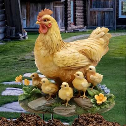 Garden Hen & Chicks - Weatherproof Resin Yard Art With Stake, Farmhouse Chicken Decor For Outdoor Lawn, Patio, Pathway, Chicken Lover Gift