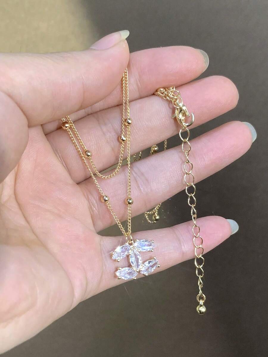 LADYCOCO 1pc Fashionable Elegant Chain Double-Layer Necklace With Cubic Zirconia Pendant, Suitable For Women
