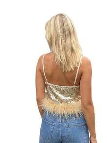 Camiseta sin mangas de lentejuelas para mujer, corte ajustado, con ribete de plumas, cuello en V, sin mangas, sin espalda, estilo urbano de verano. - Champán - Ver 2