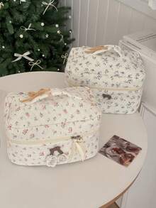 花卉绗缝化妆包，乡村风格，大容量手提包，可爱樱桃贴花，少女洗漱包 - 粉色 - 查看 4