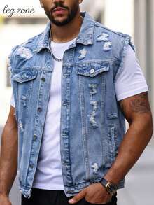 Men's Light Wash Distressed Denim Vest, Sleeveless Frayed Edge Ripped Jean Jacket, Casual Streetwear Utility Pocket Waistcoat For Urban Daily & Outdoor Wear - 淺藍色 - 查看 2