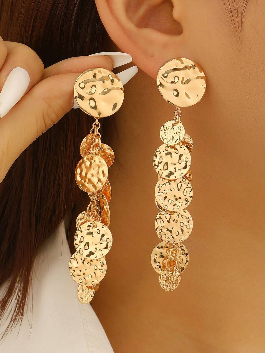 Pendientes largos y redondos de estilo retro personalizados - Dorado - Ver 1