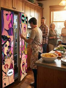 1pc Pop Art Fridge Sticker, Retro Comic Girl Pattern, Removable Waterproof Vinyl Material, Self-Adhesive Refrigerator Wrap Cover, Easy To Apply & Reusable, Ideal For Kitchen Fridge Decor, Home Appliance Makeover, Apartment Decor & Fun Kitchen Accessories - 001 - View 3
