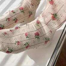 Spring/Summer Women's Socks: Forest-Style, Pastoral-Inspired, Floral Print Socks With A Vintage Oil Painting Feel; Breathable Mesh With Ruffled Edges; Slouch Socks. - Beige - View 6