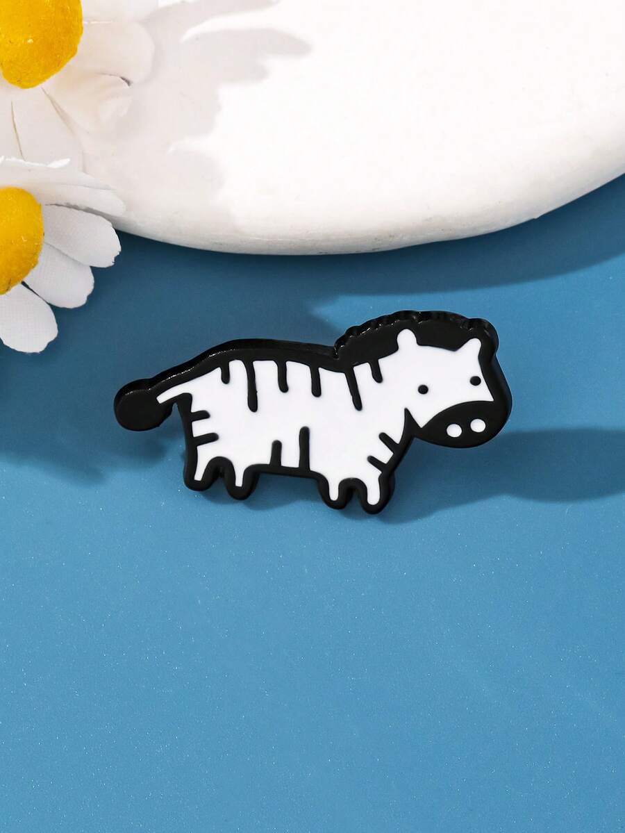1pc Cartoon Zebra Shaped Brooch, Black And White Minimalist Line Art Design, Adorable Accessory To Add Playful Charm To Outfits - Black and White - View 1