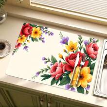 1pc Non-Slip Absorbent Kitchen Mat, Diatomite Floral Pattern Countertop Protector, Machine Washable Coffee Maker & Sink Drying Pad, Holiday Decor Mat - Multicolor - View 3