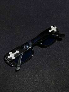 1pc Crystal Cross Heart Metal Decor , Retro Small Square Frame Tinted Vintage Classic Fashion Stylish Luxury Travel Eyewear, Tortoiseshell - 黑色邊框/全灰色膠片(附菱形十字) - 查看 8