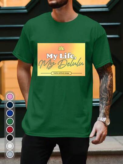 Nueva Camiseta Casual de Verano para Hombre - Camiseta Gráfica "My Life My Delight" en Amarillo - Camiseta Suave para Uso Diario, para Sentirse  y con Estilo Casual, Ajuste Cómodo - Camiseta Unisex de Algodón de Manga Corta y Cuello Redondo, Estilo Vintage Urbano y Corte Holgado
