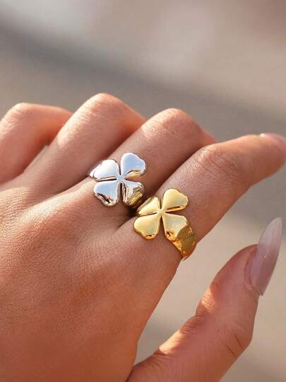 2枚/1枚18K镀金不锈钢四叶草戒指套装，抛光开口戒指，时尚可叠戴戒指，适合女性日常佩戴和派对礼物