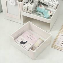 Caja de almacenamiento multifuncional de escritorio con forma de conejo lindo, con cajones y marco de fotos - Organizador de escritorio multiusos para papelería, cosméticos y artículos pequeños - Organizador de escritorio/dormitorio de tono rosa para oficina - Portalápices con compartimento - Ver 7
