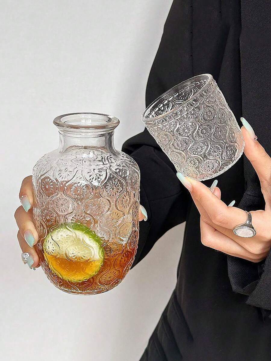 Bộ ly thủy tinh dập nổi: 1 bình và 1 ly [540ml + 145ml] - Lý tưởng cho các loại cocktail đặc biệt, nước chanh, trà đá, đồ uống pha chế và cà phê. - Nhiều màu - Xem 1