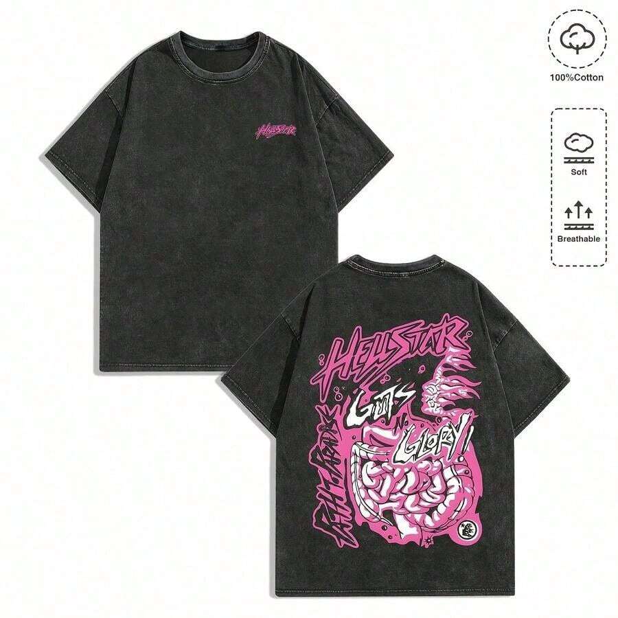 1pc EWH Men's Y2K Vintage Distressed Dark Gray Graphic T-Shirt - Hell Star Brand Edgy Graphic Tee With Distressed Pink "HELL STAR" Logo & Abstract Organ Motif Back Print, 100% Cotton Super Soft & Breathable, Punk Rock Streetwear Gift 004-ABshirts Graphic Tee - 黑色 - 查看 1