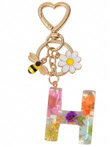 1pc Initial Letter Cute Bee & Flower Keychain, Heart Shaped Daisy Keyring Accessory, Decoration For Women Handbag Gift - Color - View 8