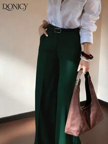 DONICY Quần nữ mùa xuân/hè mới, màu xanh ô liu trơn, cạp cao, ống rộng có túi, kiểu dáng thời trang retro thanh lịch tối giản, đa năng, phù hợp cho mặc hàng ngày, đi làm, hẹn hò, mua sắm, triển lãm và các dịp khác. - Màu xanh lá cây đậm - Xem 8