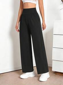 1 chiếc quần ống rộng cạp cao xếp ly màu trơn dành cho nữ, có túi, thích hợp mặc ngoài trời, kiểu dáng thường ngày. - màu đen - Xem 4