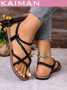 1 par de sandalias planas de moda para mujer, sandalias planas de verano con banda elástica tejida de cuero sintético para playa y vacaciones - Negro - Ver 3