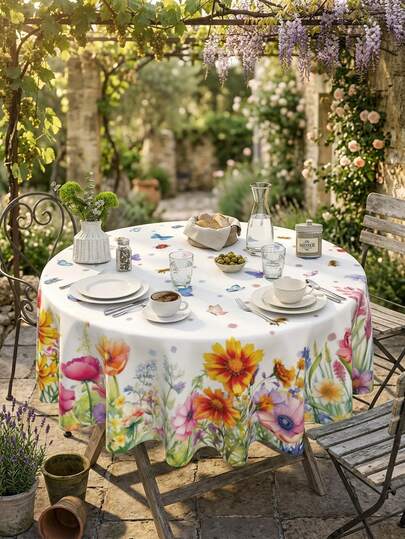 1pc-Polyester Round Tablecloth - 1pc Floral And Butterfly Print Machine Woven Table Cover - For Spring And Summer Parties, Home, Kitchen, Dining Decor, Gift