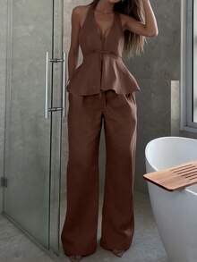 Conjunto de top de algodón y lino con atar en el cuello en forma de A y pantalones rectos holgados para mujer, uso casual diario y vacacional, elegante para primavera/verano - Café integral - Ver 2