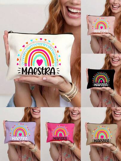 Rainbow And Love Maestra Letter Pattern Print Cosmetic Bag - Multiple Colors Available,Cute Large Capacity Storage Bag,Featuring A Fun Cartoon Design,Daily Toiletry Makeup Bag,Multi-Functional Storage Bag, Lightweight Bag,Travel Souvenir For Friends, Essential Travel Storage Bag, Suitable For Commuting, Back To School,Travel, Picnic, Camping, Outdoor Adventure And Other Occasions,Gifts