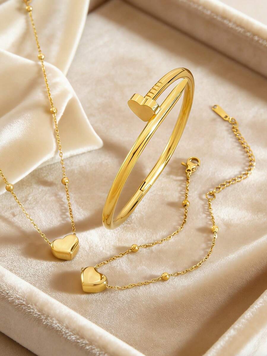1 Set de Joyería Elegante y Delicada de Acero Inoxidable, Incluye Collar con Colgante en Forma de Corazón, Pulsera con Cuentas, Aretes en Forma de Corazón y Pulsera de Tachuelas, Adecuado para Uso Diario o Citas de Mujeres, Gran Regalo para Ella - Amarillo Oro - Ver 1