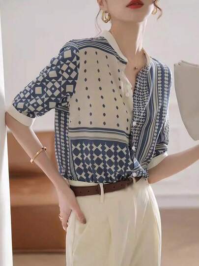 Áo sơ mi casual mùa hè với họa tiết hình học, kiểu dáng chắp vá, thích hợp cho kỳ nghỉ hè.