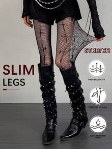 Women's Y2K Style Sexy Girl Cross Net Pantyhose, Retro Fishnet Tights, High Elasticity & Snag-Resistant - Black - View 2