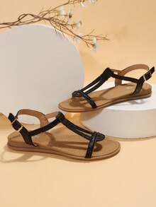 女士搭扣裝飾露跟涼鞋時尚戶外平底涼鞋 - 黑色 - 查看 11