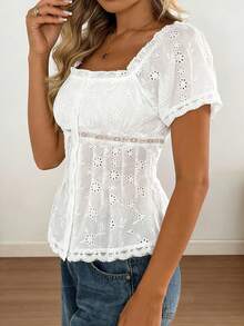 1pc Solid Color Embroidered Women's Summer Clothing, Lace Patchwork Square Collar Ladies Blouse, Fashionable Elegant Women Short Sleeve Shirt, Suitable For Vacation Casual Lovely Blouse, Best For Going Out Women, Easter Outfit White - White - View 2