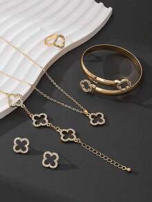 1 Set de joyería de moda que incluye 1 collar con colgante de trébol hueco, 1 par de aretes, 1 anillo, 1 pulsera, 1 brazalete, diseño elegante de lujo - Oro amarillo - Ver 5
