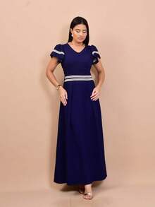 Helena Vestido Longo Luxo liso elegante sensorial com detalha na cintura manga curto - Azul Marinho - Visão 2