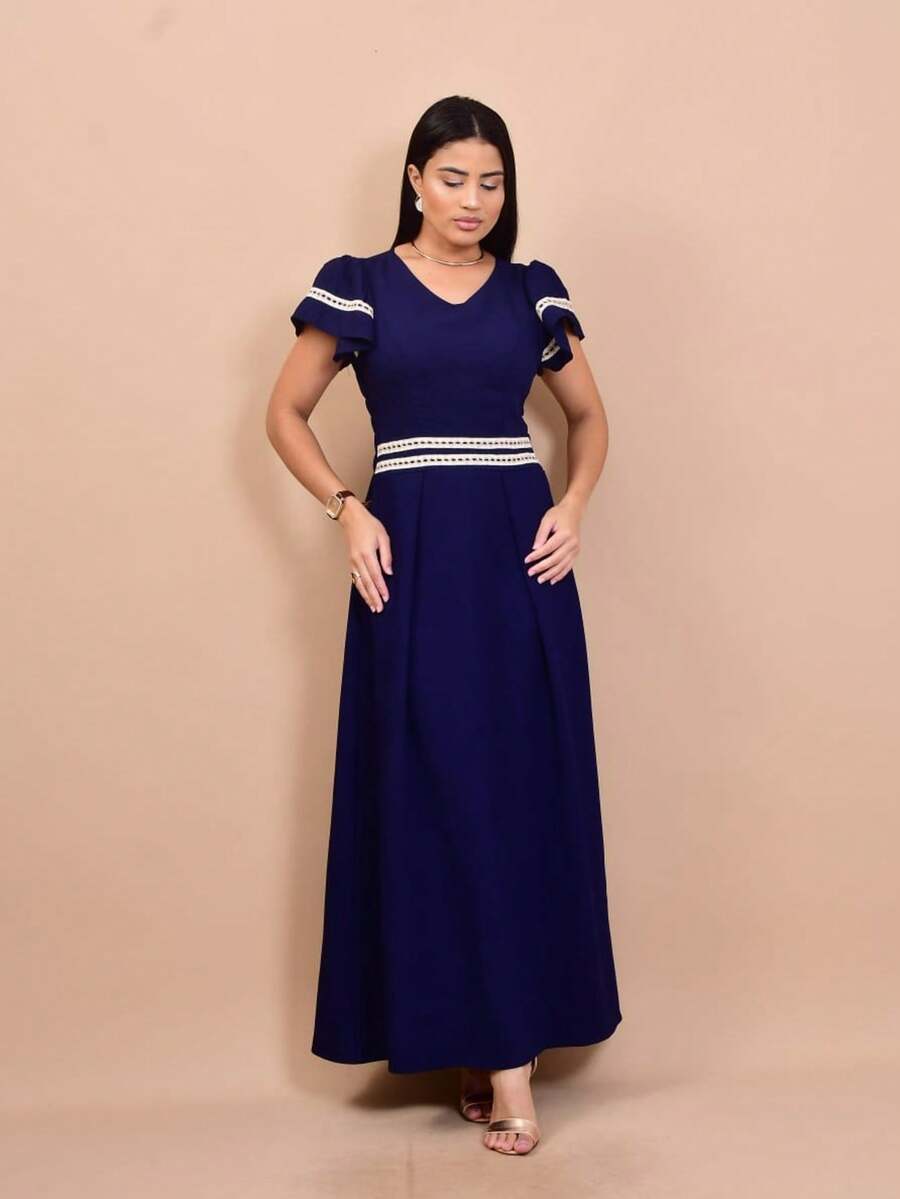 Helena Vestido Longo Luxo liso elegante sensorial com detalha na cintura manga curto