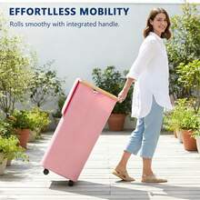 Laundry Hamper With Wheels And Lid, 100L Rolling Clothes Basket With 4 Wheels 2 Locking, Bamboo Handle & Frame Always Upright, Collapsible For Bedroom Bathroom Dorm RV Camping, Pink - 粉色 - 查看 2