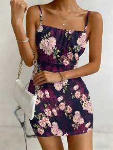 Women's Elegant Mature Spaghetti Strap Mini Dress, Dark Purple Base Pink Floral Print Square Neck Ruched Waist Bodycon Dress, Summer Mature Elegant Style Dress - 彩色 - 查看 2
