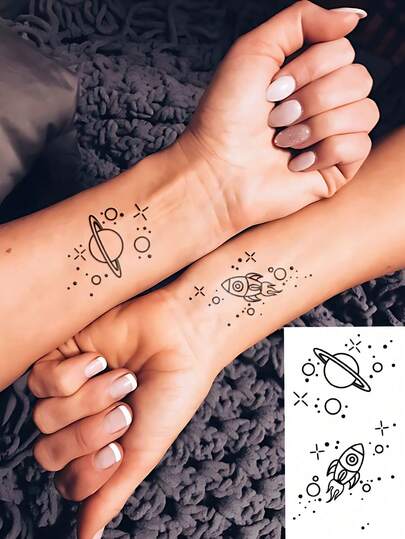 1 Sheet Small Body Art Temporary Tattoo Sticker, Unisex, Simple Line Style, Cute Space Rocket Planet Pattern, Waterproof Fake Tattoo, Lasting 2-5 Days, Can Cover Scars, Can Be Used On Arms, Wrists, Shoulders, Legs, Waist, Neck, Hands, Chest, Thighs, Fingers And Other Parts.