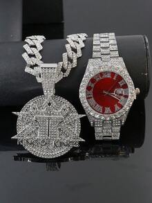 Bộ dây chuyền Cuban Link lấp lánh + đồng hồ mặt đỏ, mặt dây chuyền phong cách rapper dành cho nam giới, trang sức đường phố đính đá toàn bộ. - bộ trang sức - Xem 6