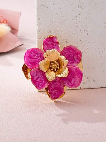1 pieza Broche de camelia esmaltado rosa intenso - Broche de solapa floral en tono dorado para fiesta y cita nocturna