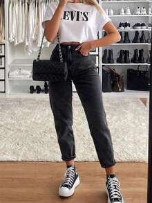 圣诞节超大宽松高腰哈伦喇叭牛仔裤，复古风，显瘦，韩版休闲黑色春季款 - 黑色 - 查看 9