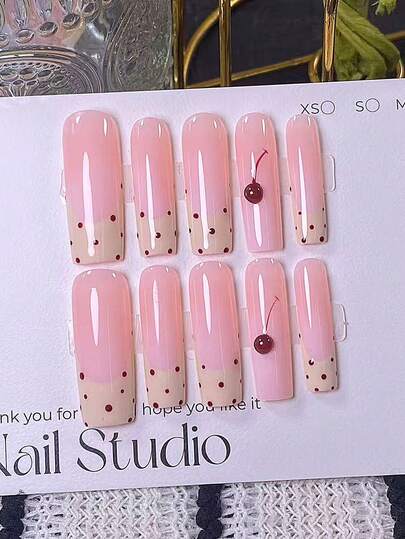 10 Pcs Handcrafted Long Tapered Press-On Nails, Cream Yellow Ombre French With Polka Dots & Cherries. Features Hand-Painted Yellow Ombre French Tips, Red Polka Dots, And Handmade 3D Red Cherry Charms. Elegant, Romantic & Minimalist Luxury Nail Stickers For Daily Wear, Dates, Concerts & Casual Business. Perfect Gift For Women & Girls.