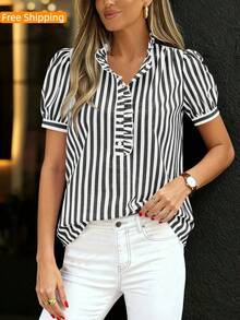 Puff Sleeve Striped Ruffle Blouse V Neck Button Front Summer Top Chic Casual Work Office Outfit For Women - Black - View 4