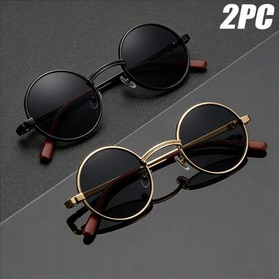 2 Pairs Men's Black Gold Round Frame Sunglasses, Metal Material, UV400 Sun Protection Retro Style Sunglasses, Decorative Wooden Temple Style