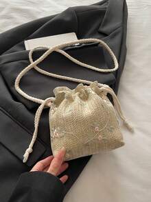 2026 Nueva bolsa de cubo con cordón de encaje, bolso de hombro cruzado tejido de moda para mujeres - Caqui - Ver 7