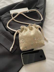 2026 Nueva bolsa de cubo con cordón de encaje, bolso de hombro cruzado tejido de moda para mujeres - Caqui - Ver 8