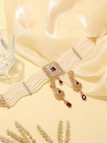 2pcs Moroccan Gold-Plated Jewelry Set For Women, Necklace & Earrings, Vintage Palace Style, Bridal Wedding Accessories, Gift For Her - Gold - View 10