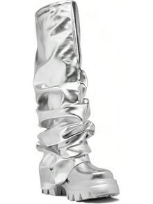 Women's Platform Round Toe Mid Calf Boots With Chunky Heel - Silver - View 7